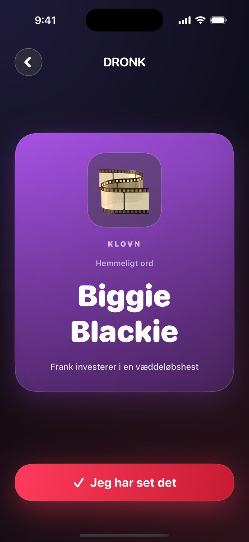 Det civile kort i Dronk: lilla kort med kategorien Klovn, overskriften Hemmeligt ord, ordet Biggie Blackie og kontekstlinjen Frank investerer i en væddeløbshest