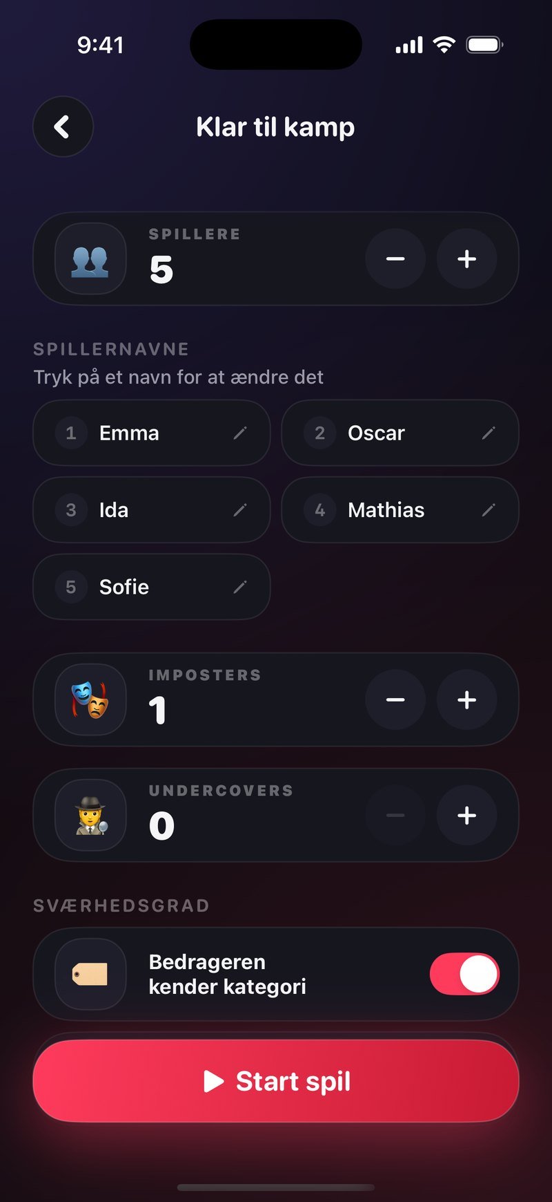 Opsætningen Klar til kamp i Dronk: 5 spillere med navnene Emma, Oscar, Ida, Mathias og Sofie, 1 imposter, 0 undercovers, indstillingen Bedrageren kender kategori slået til og knappen Start spil