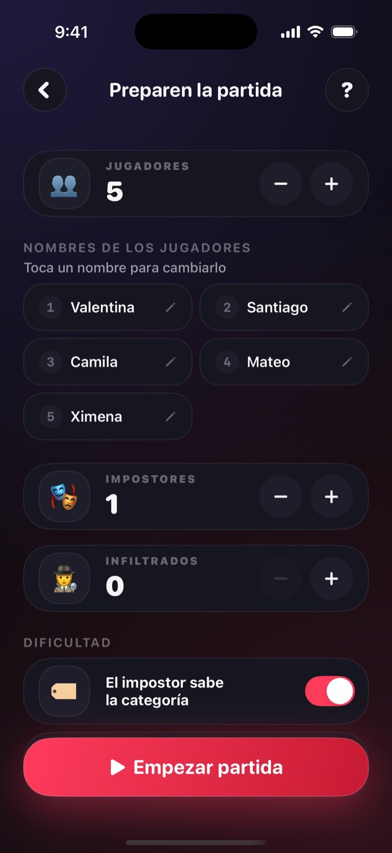 Pantalla de configuración de El Impostor en Dronk: los nombres de los jugadores, cuántos impostores e infiltrados hay en la ronda, la opción de que el impostor sepa la categoría y el botón para empezar