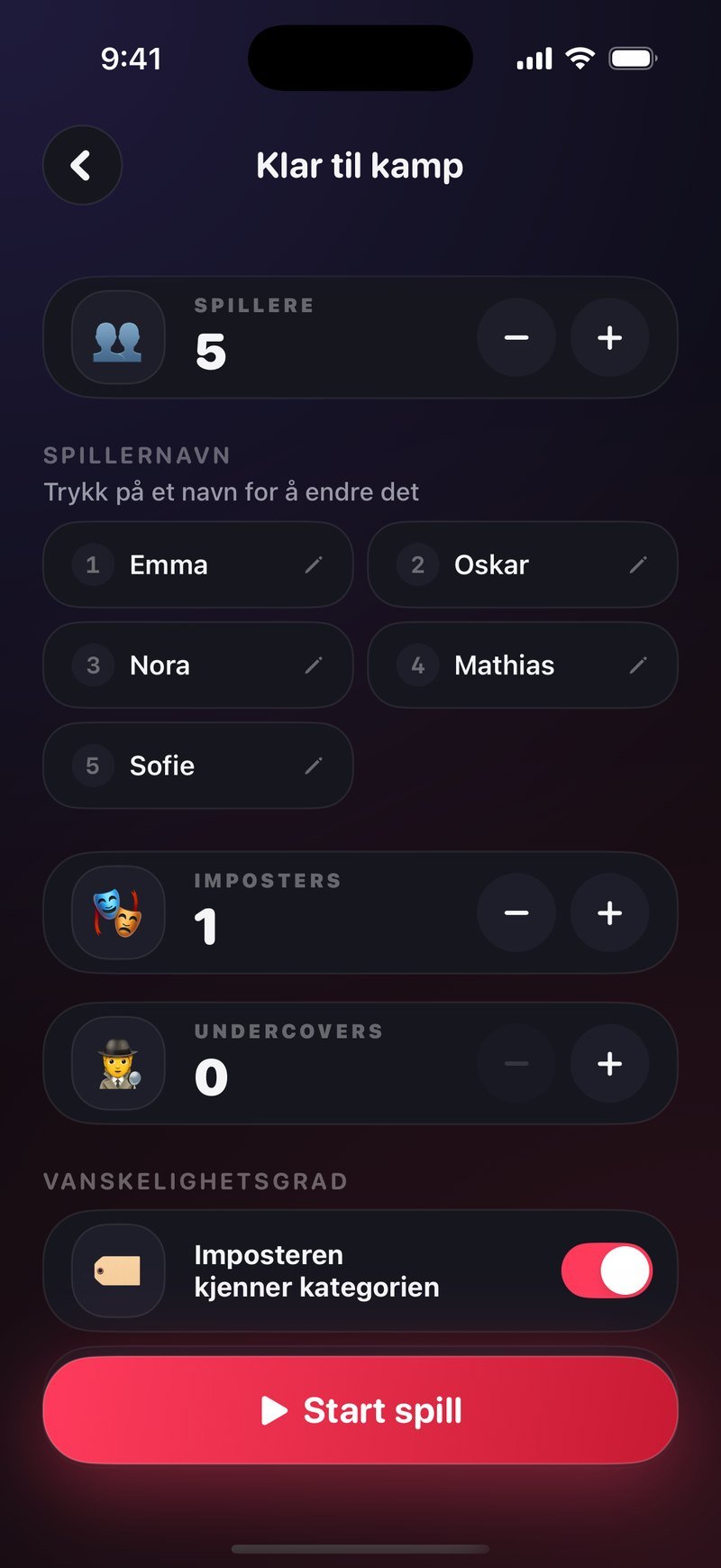 Oppsettet Klar til kamp i Dronk: 5 spillere med navnene Emma, Oskar, Nora, Mathias og Sofie, 1 imposter, 0 undercovers, innstillingen Imposteren kjenner kategorien slått på og knappen Start spill