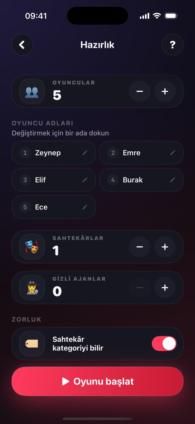Dronk'ta Sahtekâr kurulum ekranı: oyuncu isimleri, turdaki sahtekâr ve gizli ajan sayısı, Sahtekâr kategoriyi bilir anahtarı ve Oyunu başlat düğmesi