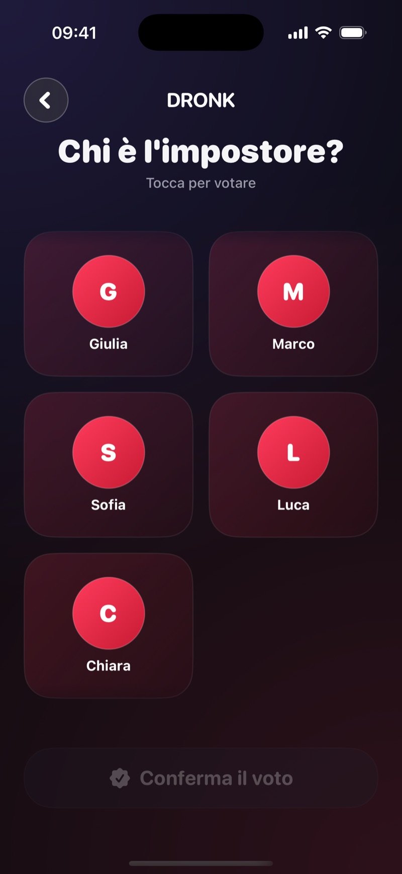 L'Impostore nell'app Dronk: la schermata in cui il gruppo vota chi pensa sia l'impostore