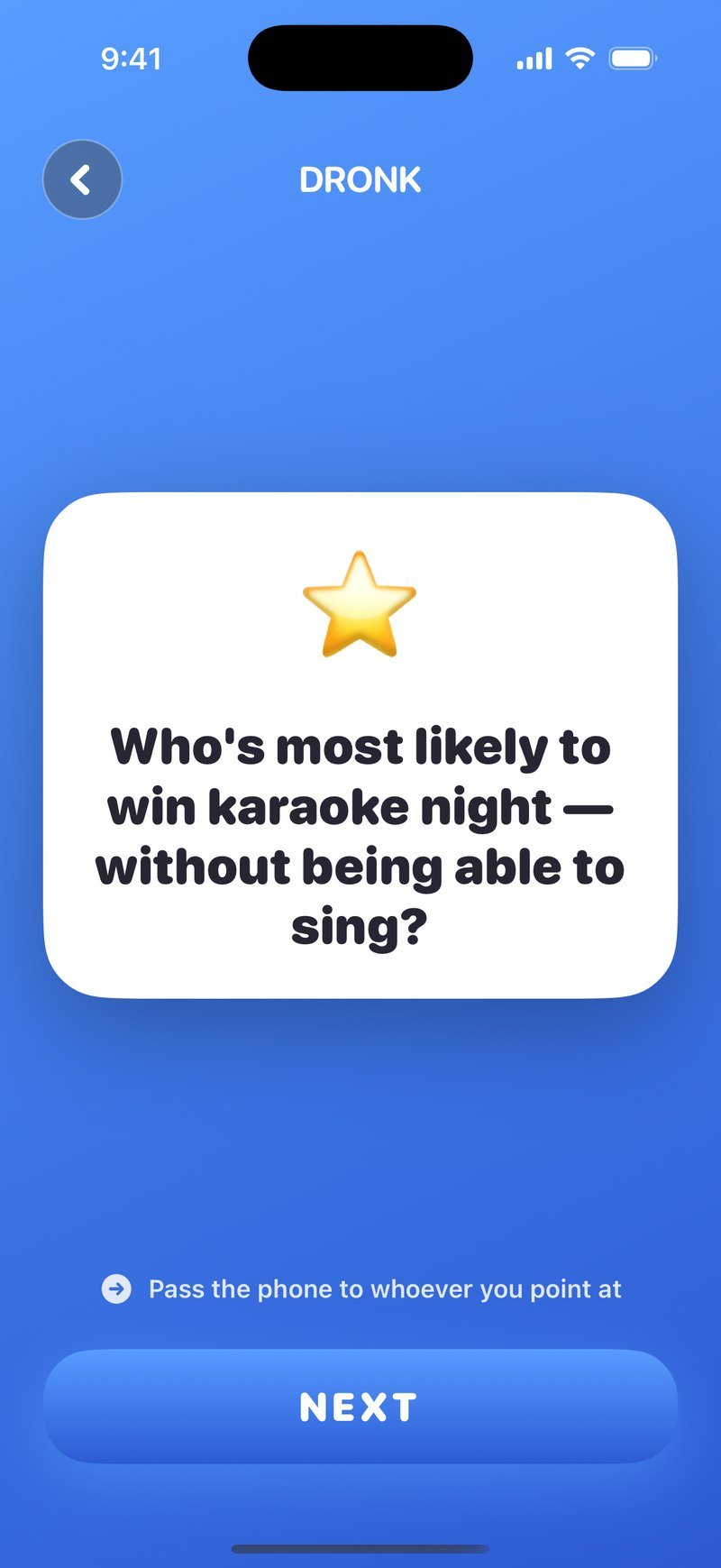Most Likely To in the Dronk app: a question card in The Classics pack