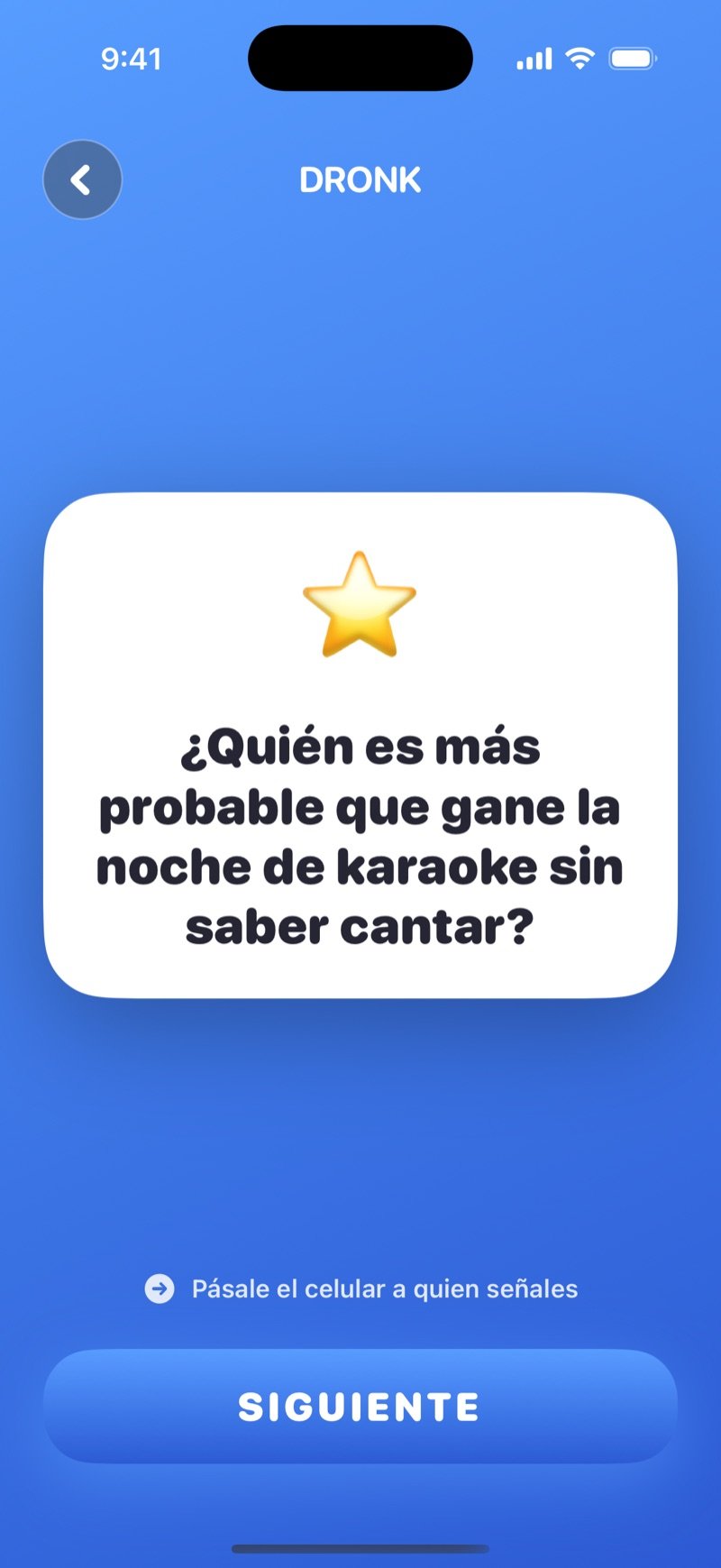 Quién es más probable en la app Dronk: una carta de pregunta en pantalla