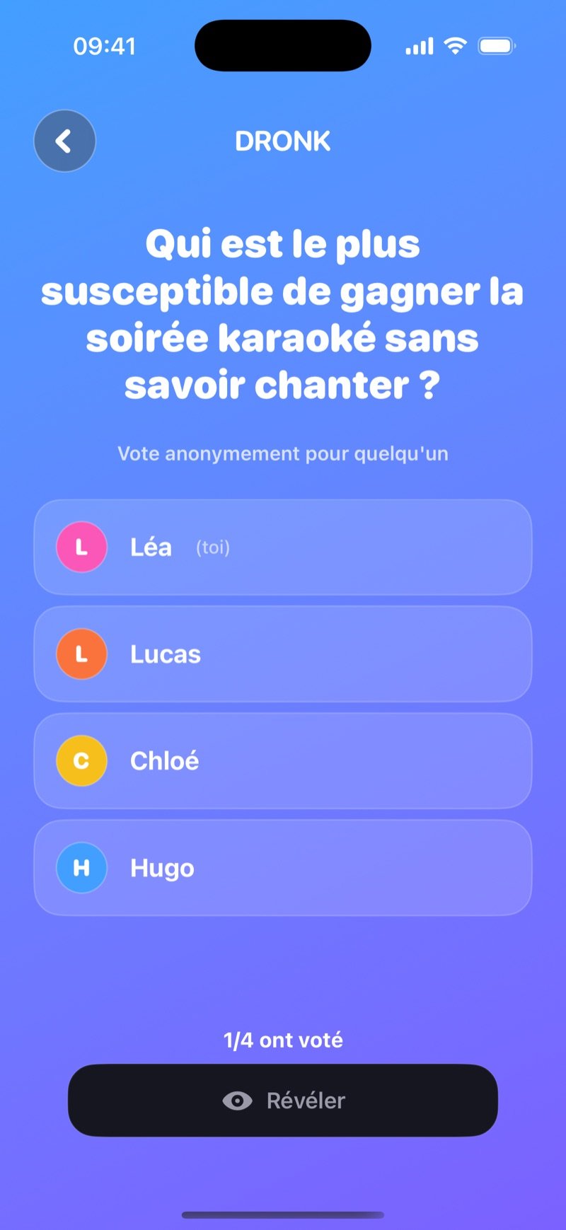 Le Plus susceptible dans l'app Dronk : le vote en direct du groupe