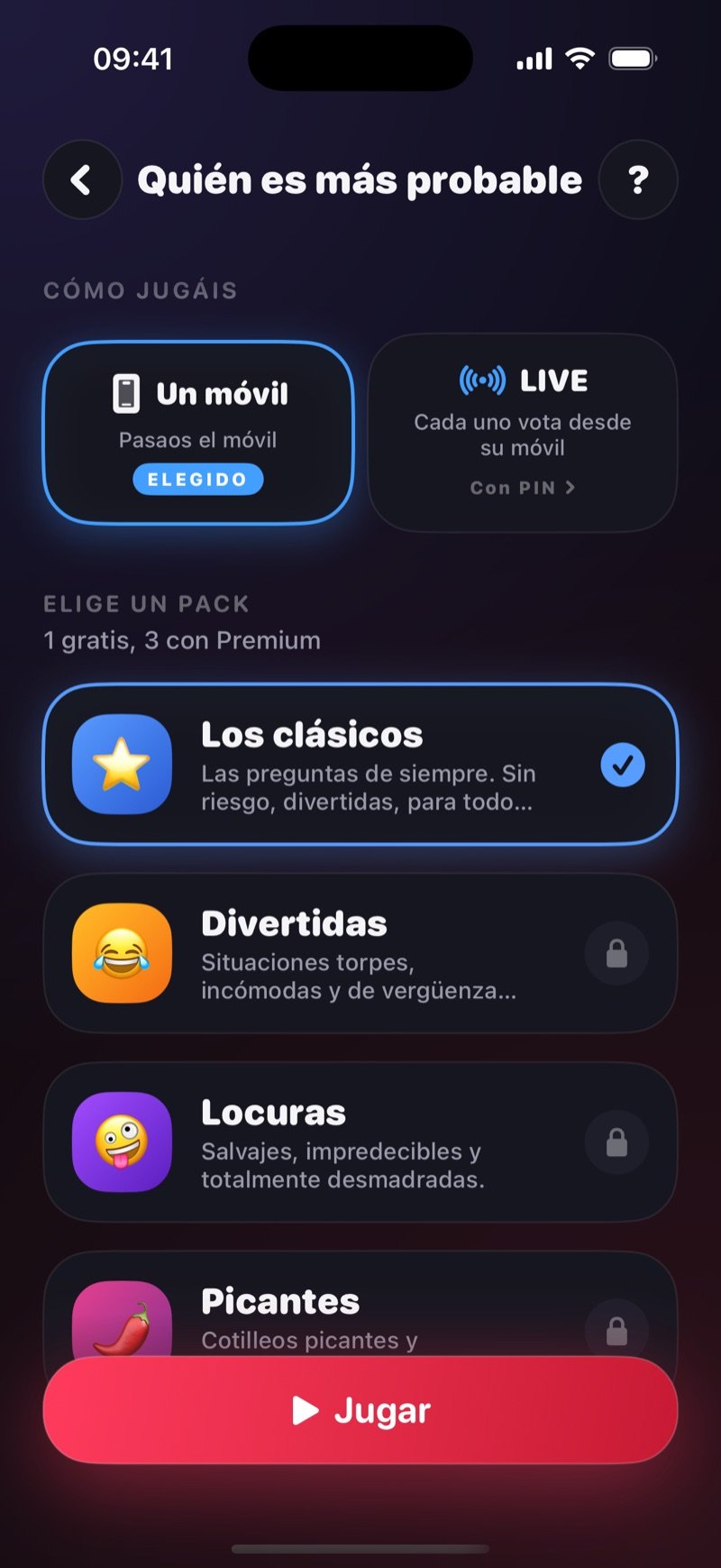 La pantalla de configuración de quién es más probable: One phone seleccionado junto a LIVE, una fila Got a game pin? Join the game y la lista de packs con The Classics marcado, Funny y Crazy con candado, encima de un botón Play (captura de la versión en inglés)