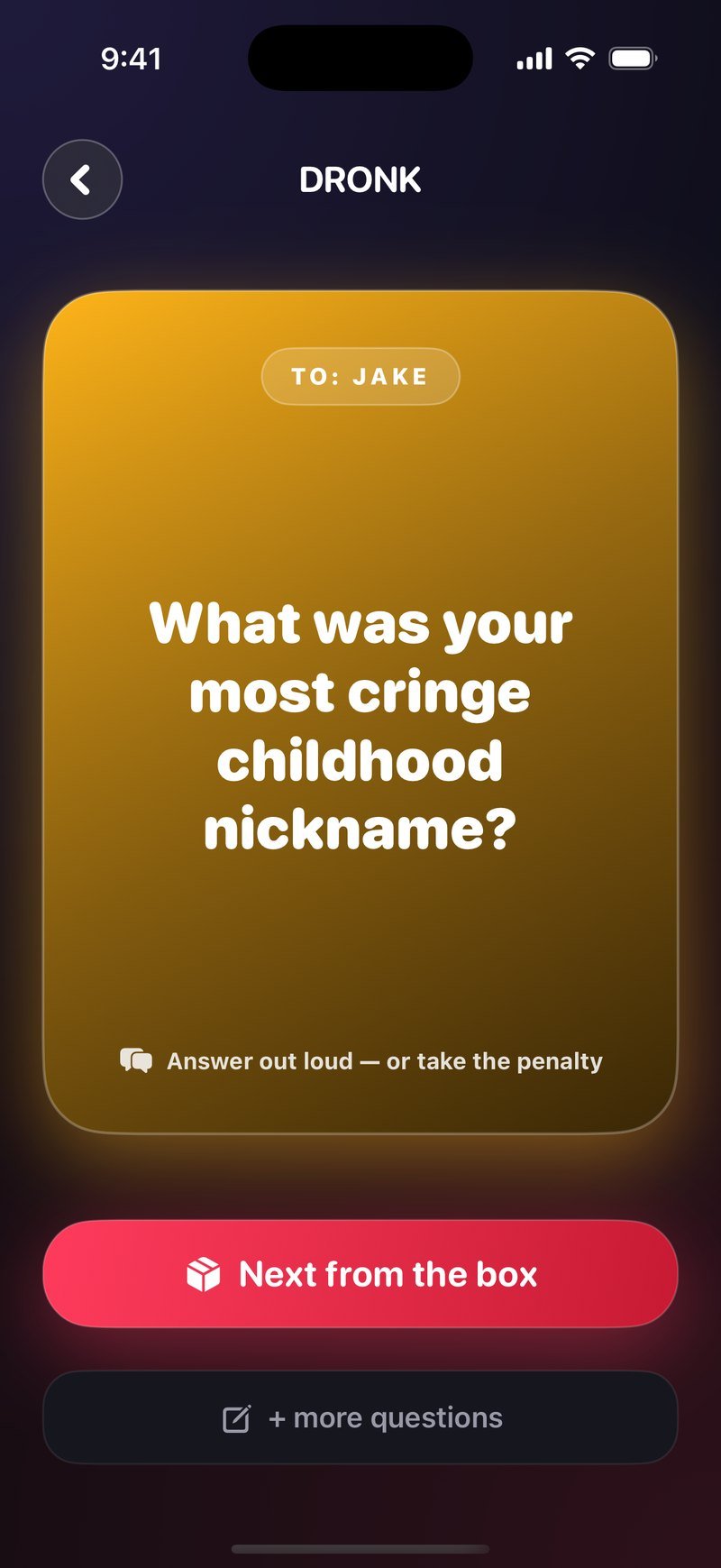Pandora's Box in the Dronk app: an anonymous question card