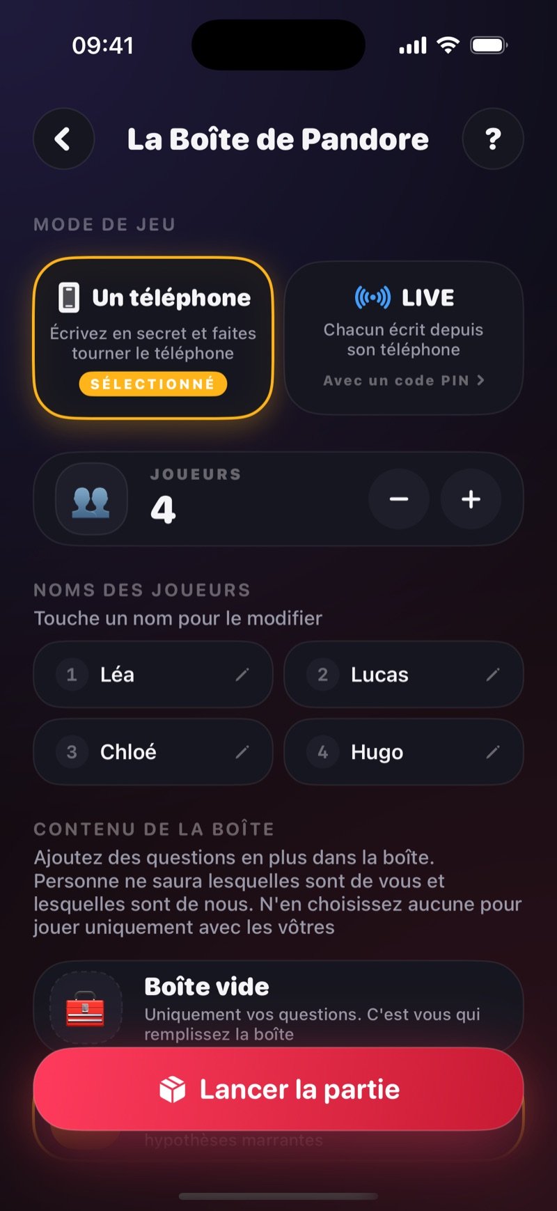 Écran de mise en place de La Boîte de Pandore dans Dronk : How you play avec One phone sélectionné et une option LIVE, une ligne Got a game pin? Join the game, 4 joueurs nommés Olivia, Jake, Mia et Tyler, une section What's in the box qui commence par Empty box, et un bouton Start the game (capture de la version anglaise)