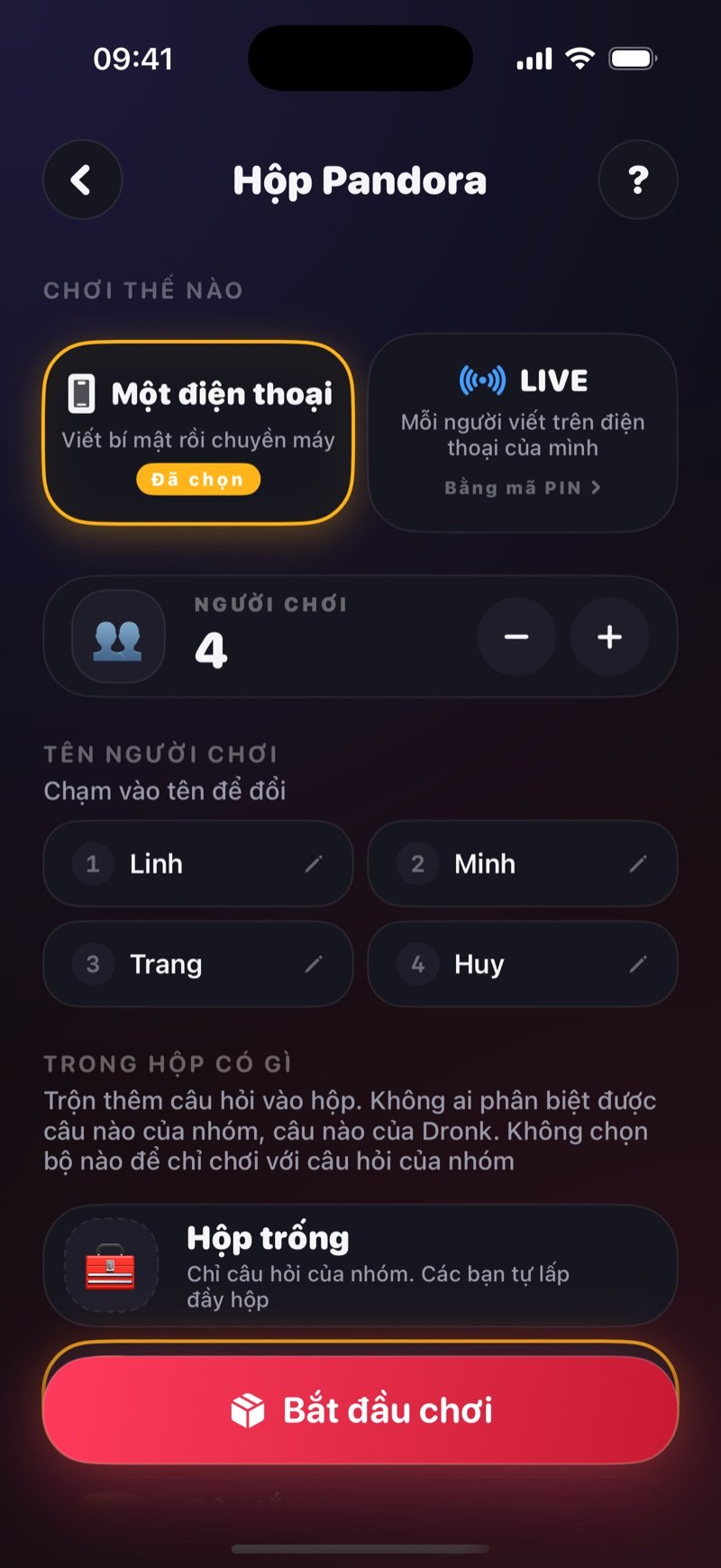Màn hình thiết lập Hộp Pandora trong Dronk: lựa chọn Một điện thoại hoặc LIVE, dòng vào phòng bằng mã PIN, danh sách người chơi, phần Trong hộp có gì và nút Bắt đầu chơi