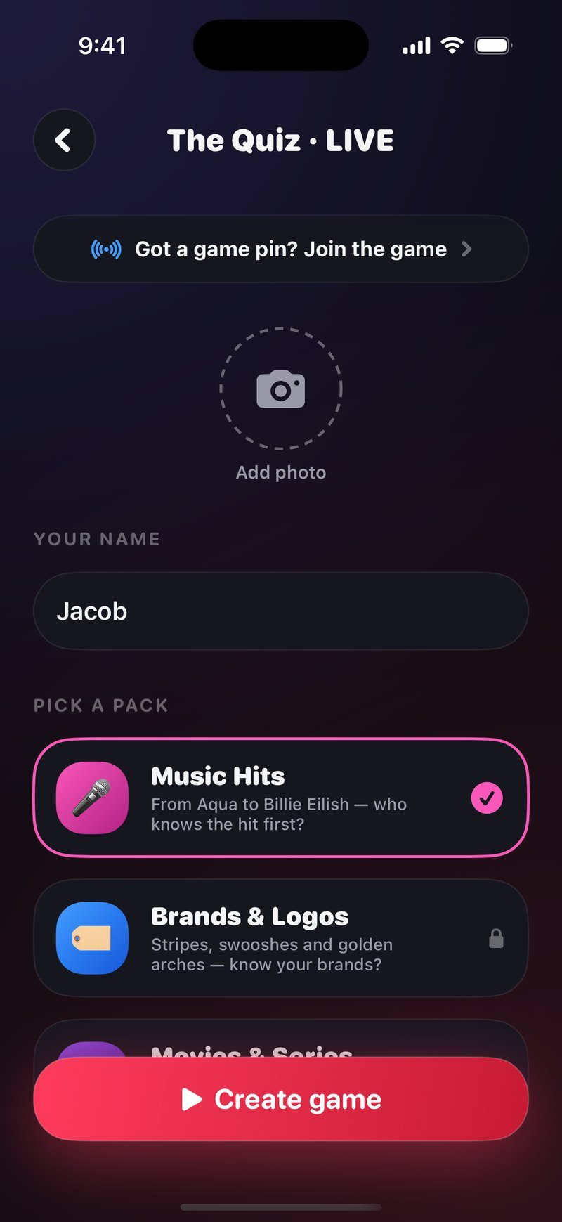 Create screen for The Quiz LIVE in Dronk: a Got a game pin? Join the game row, an Add photo circle, Your name set to Jacob, Pick a pack with Music Hits selected and Brands & Logos locked, and a Create game button