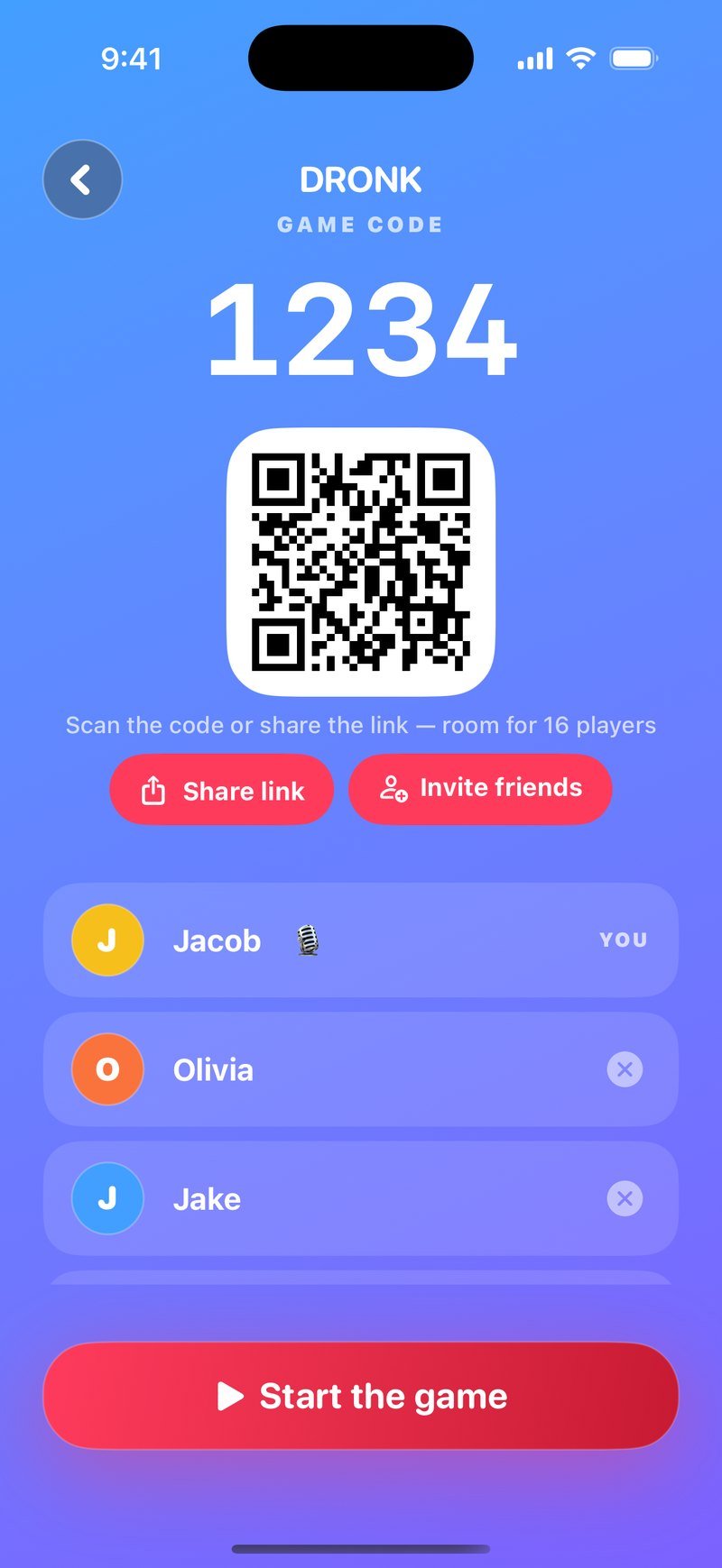 Lobby for The Quiz in Dronk: Game code 1234, a Share code button, the host Jacob marked You, joined players Olivia, Jake and Mia, and a Start the game button