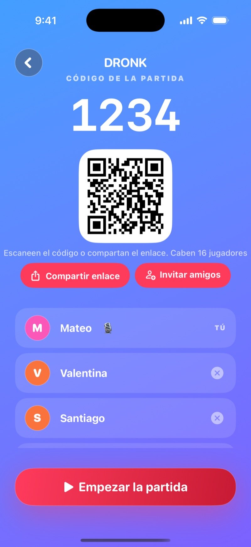 La Trivia en la app Dronk: la sala de espera con el PIN para unirse