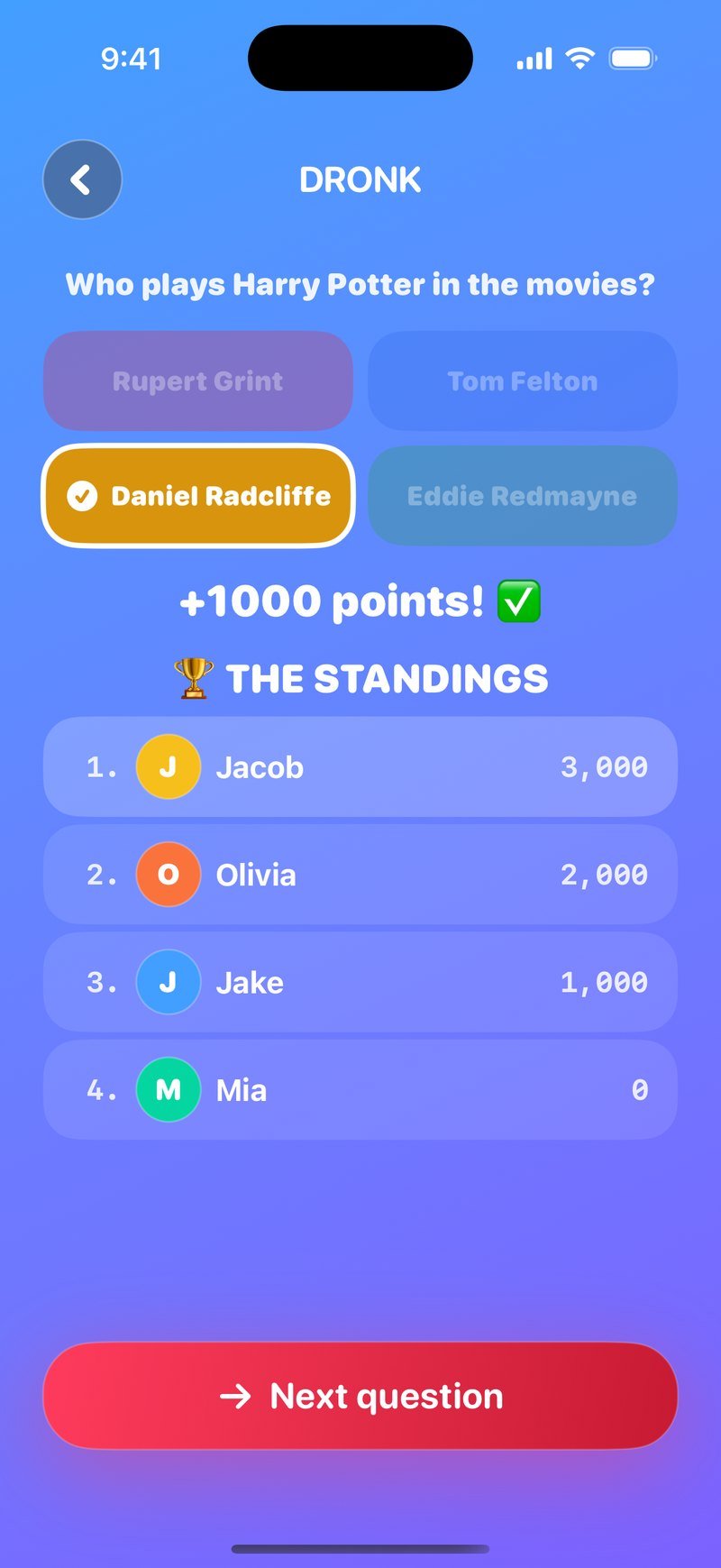 The Quiz in the Dronk app: the scoreboard after a question