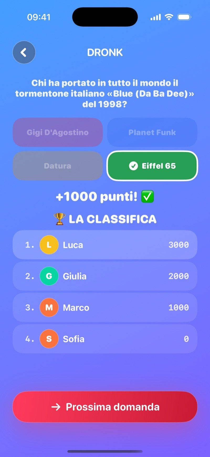 Rivelazione ne Il Quiz: Who plays Harry Potter in the movies? con Daniel Radcliffe segnato come corretto, il banner +1000 points! e The Standings: 1. Jacob 3,000, 2. Olivia 2,000, 3. Jake 1,000, 4. Mia 0, più il pulsante Next question (screenshot della versione inglese)