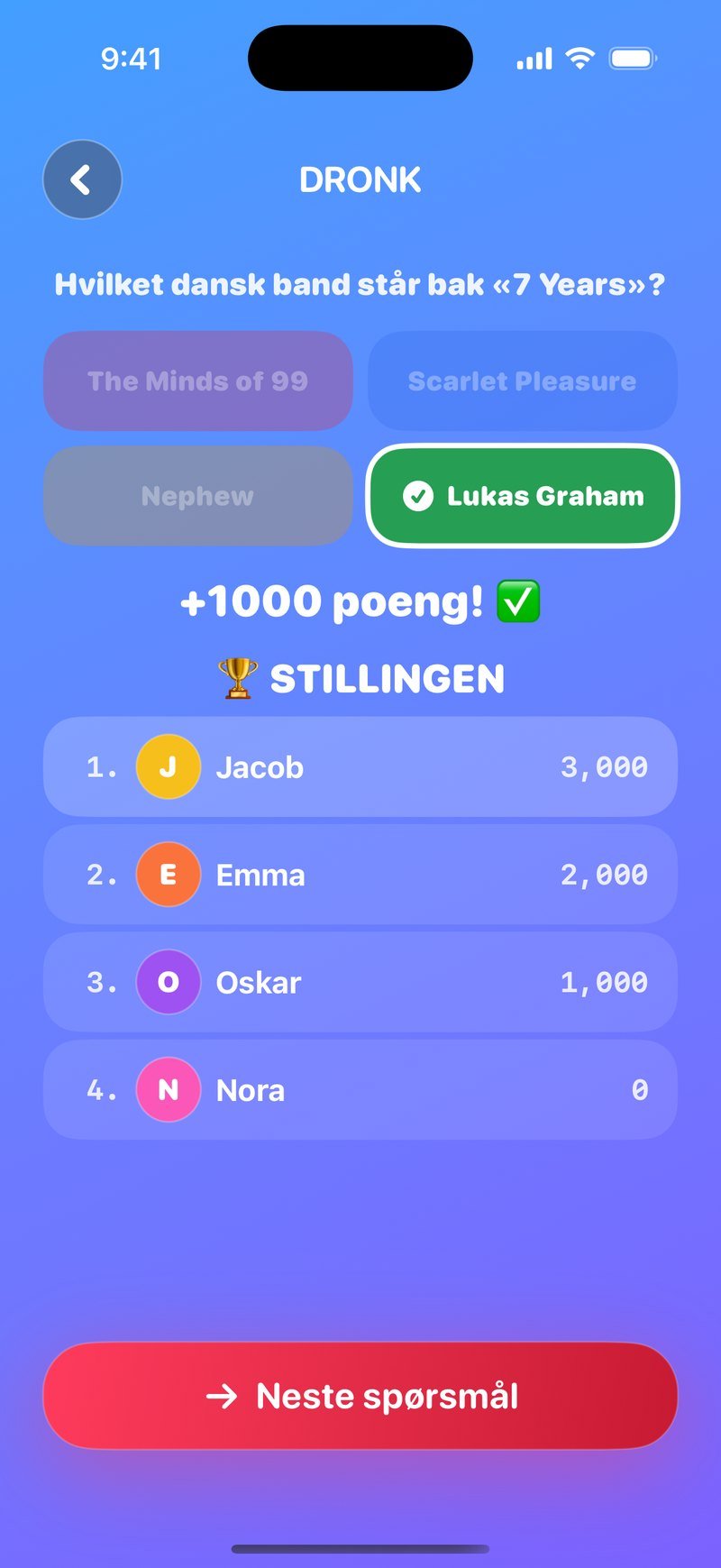 Fasiten i Quizen i Dronk: spørsmålet Hvilket dansk band står bak «7 Years» med Lukas Graham markert grønt med hake, banneret +1000 poeng, og under STILLINGEN står Jacob, Emma, Oskar og Nora med poengene sine