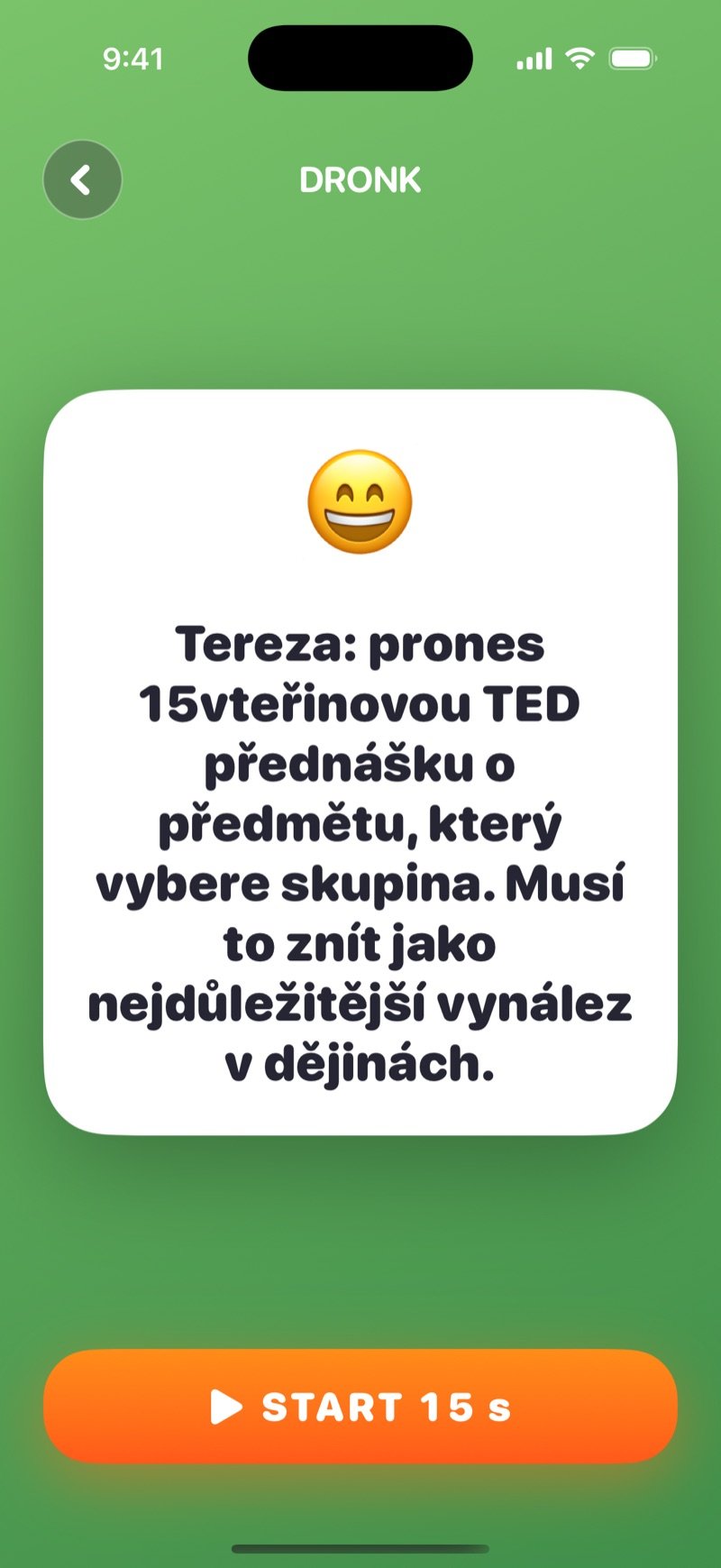 Karta Rulety v Dronku: jméno vybraného hráče, úkol a tlačítko Další