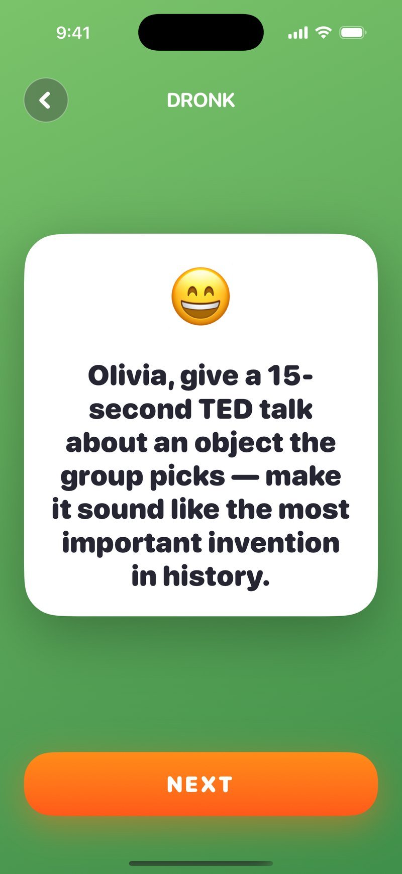 Roulette card in Dronk: 'Olivia, give a 15-second TED talk about an object the group picks' with a Next button