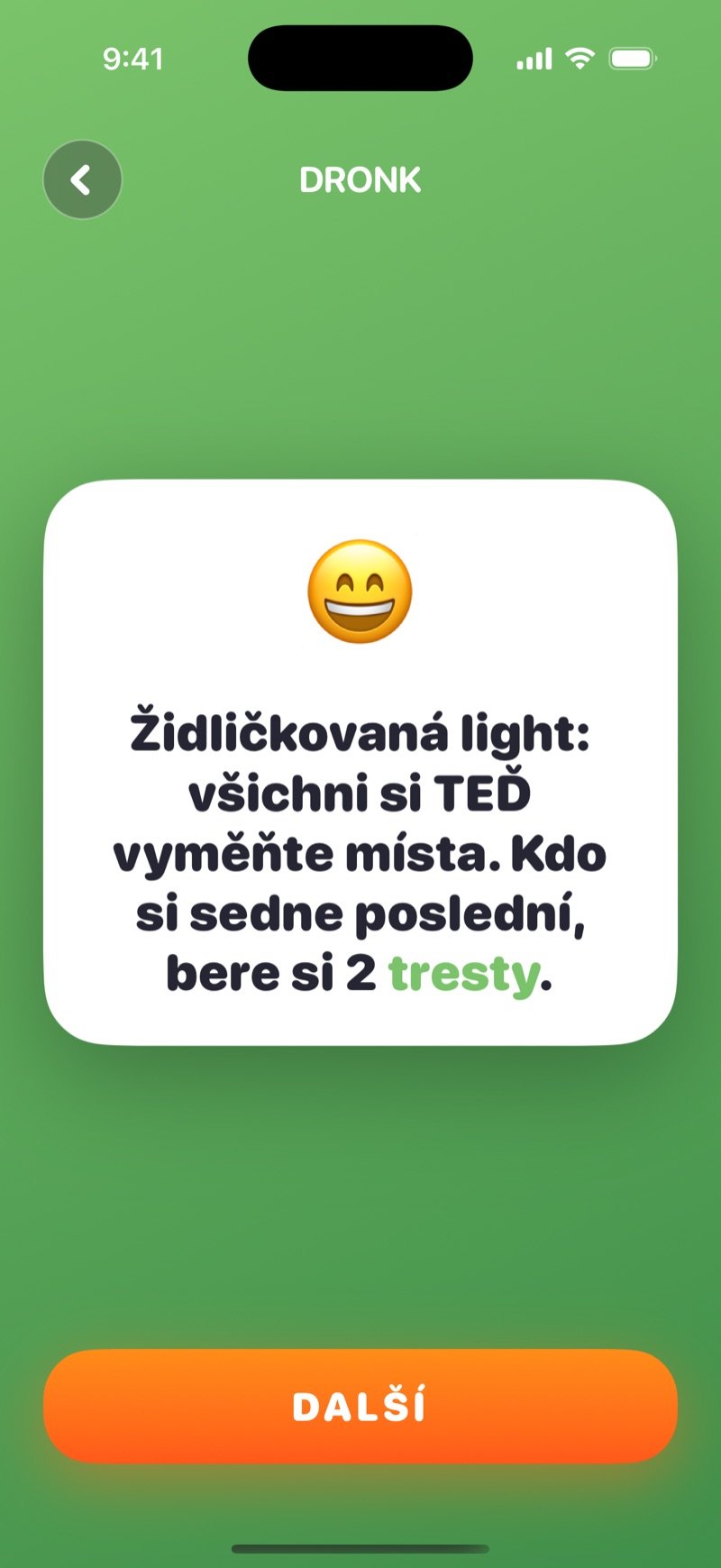 Karta pro všechny v Ruletě v Dronku: úkol pro celý stůl a tlačítko Další