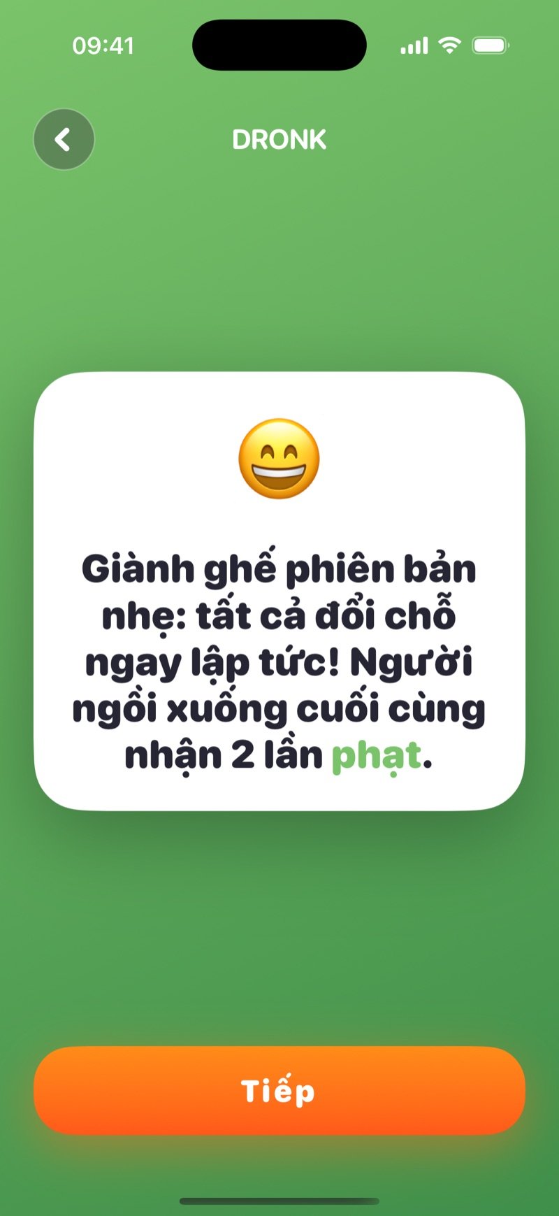 Thẻ dành cho tất cả mọi người trong Vòng quay của Dronk: một thử thách cả bàn cùng chơi, kèm nút Tiếp