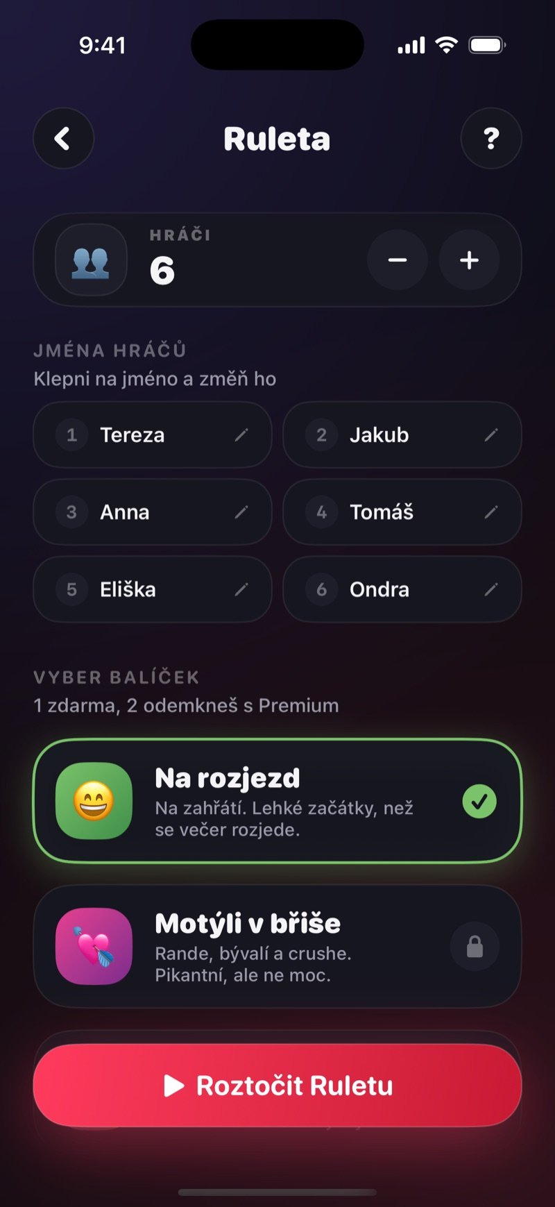 Nastavení Rulety v Dronku: jména hráčů, výběr balíčku a tlačítko Roztočit Ruletu