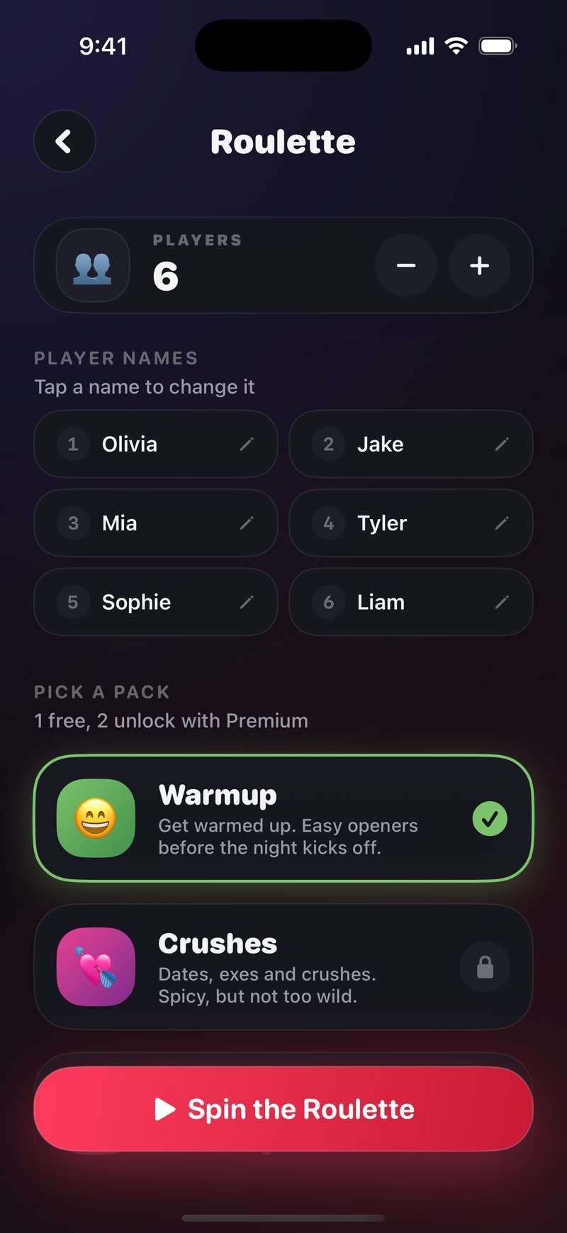 Roulette setup in Dronk: six players with names, the Warmup pack checked, and a Spin the Roulette button