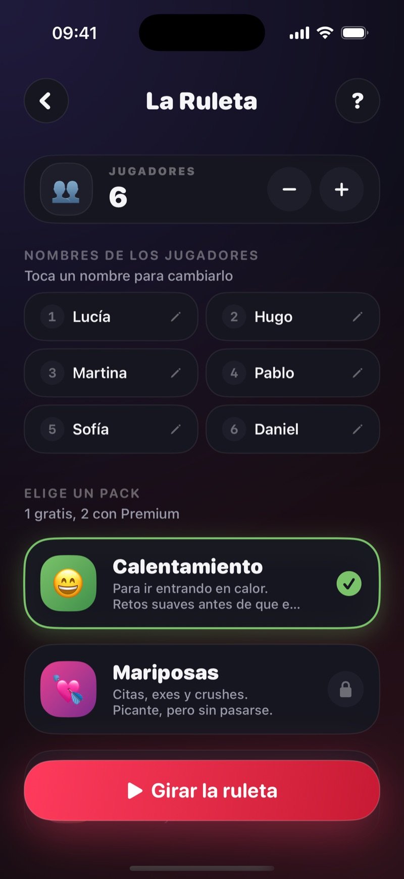 La configuración de La Ruleta en Dronk: seis jugadores con nombre, el pack Warmup marcado y un botón Spin the Roulette (captura de la versión en inglés)