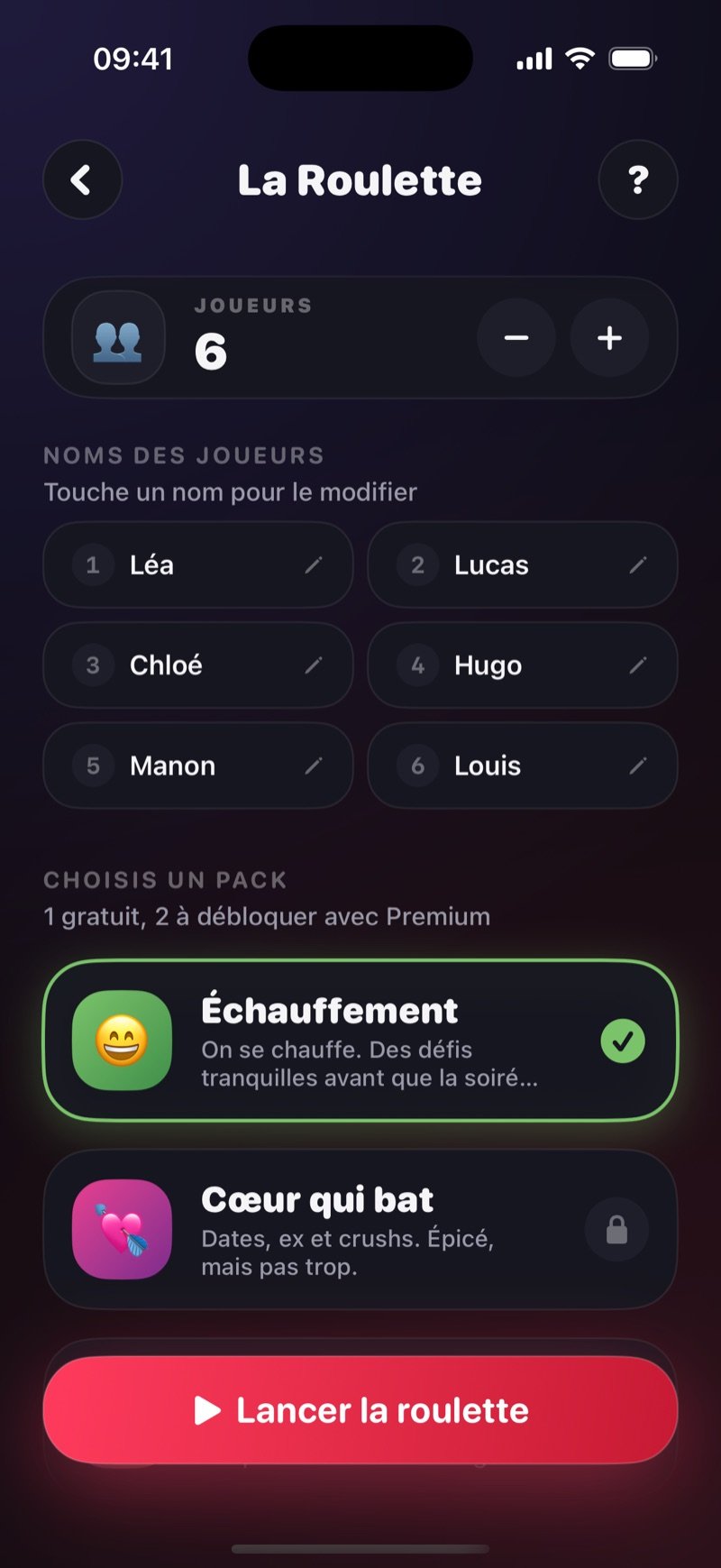 L'écran de mise en place de la Roulette dans Dronk : six joueurs avec leurs prénoms, le pack Warmup coché, et un bouton Spin the Roulette