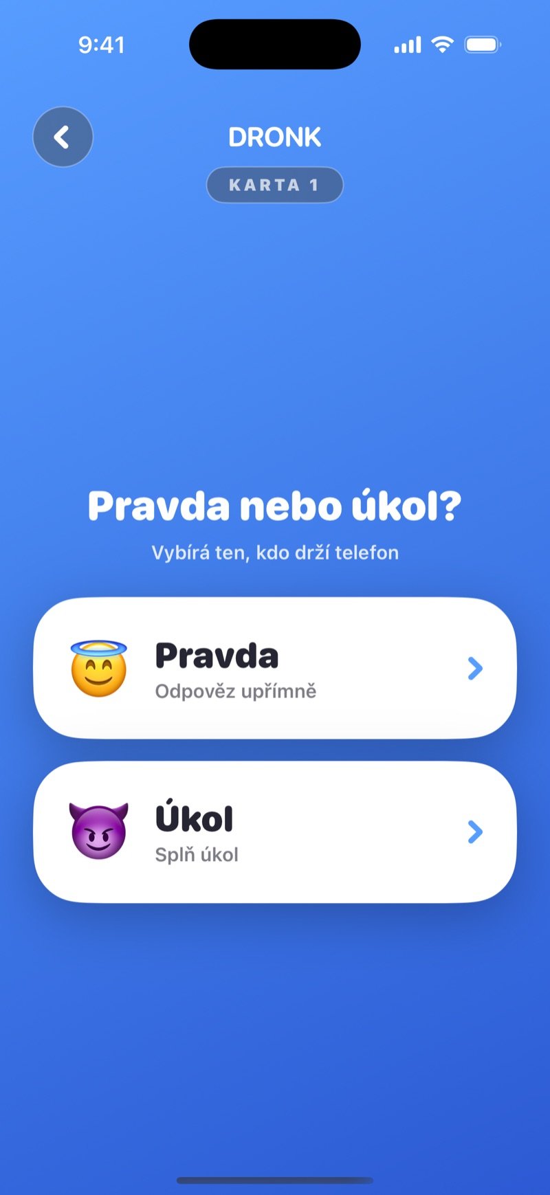 Pravda nebo úkol v appce Dronk: obrazovka s tlačítky Pravda a Úkol