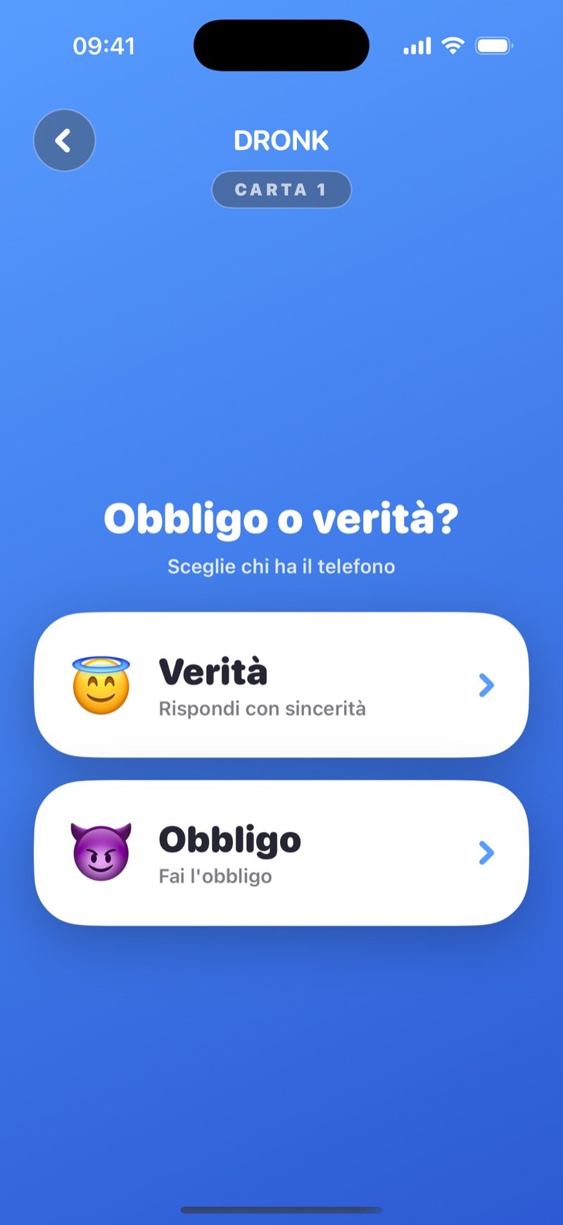 Obbligo o verità nell'app Dronk: la schermata di scelta con il pulsante Truth e il pulsante Dare (screenshot della versione inglese)