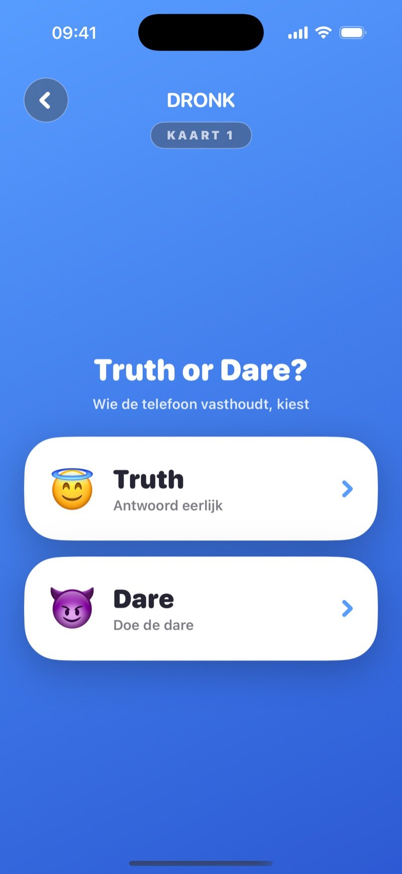 Truth or Dare in de Dronk-app: het keuzescherm met een Truth-knop en een Dare-knop (screenshot van de Engelse versie)