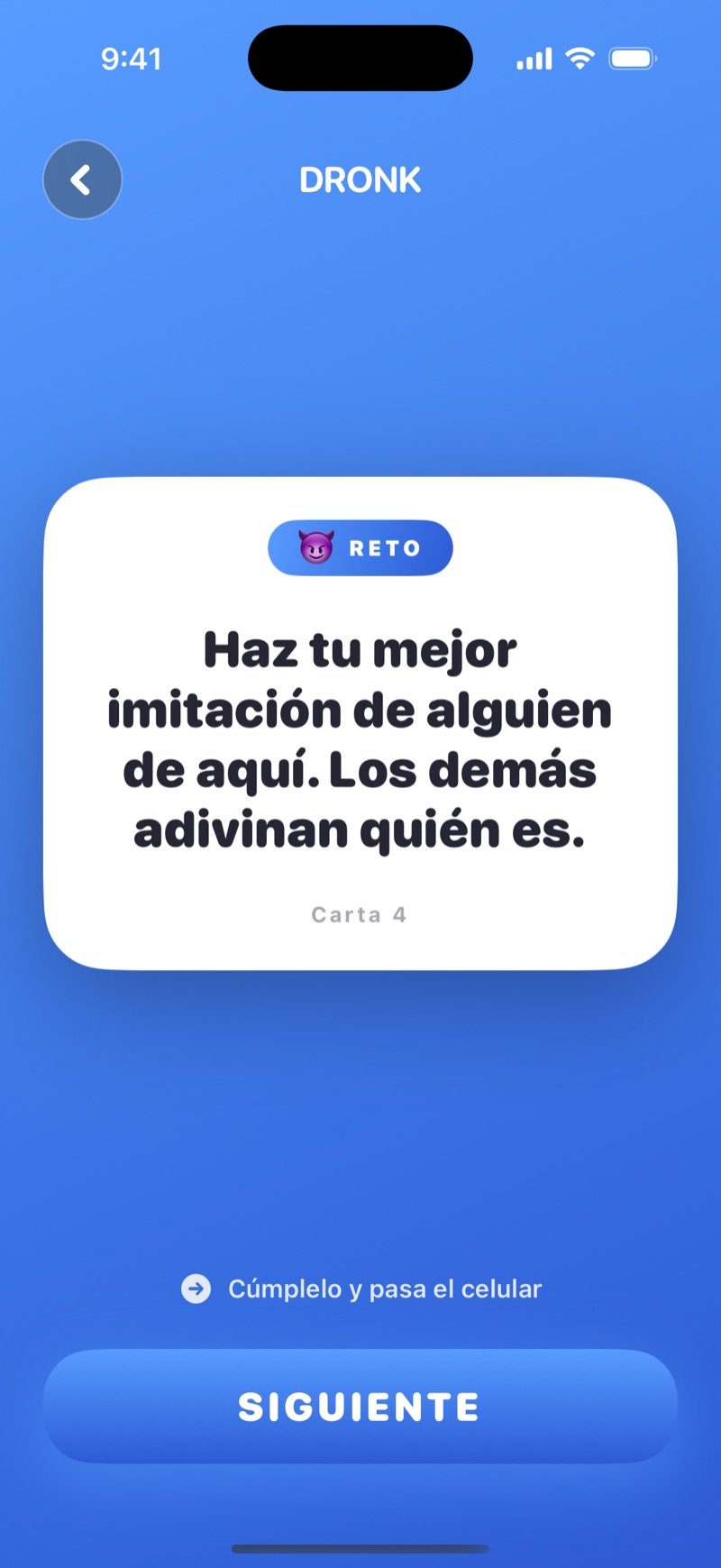 Carta de reto en Dronk: un reto para cumplir delante del grupo y el botón Siguiente