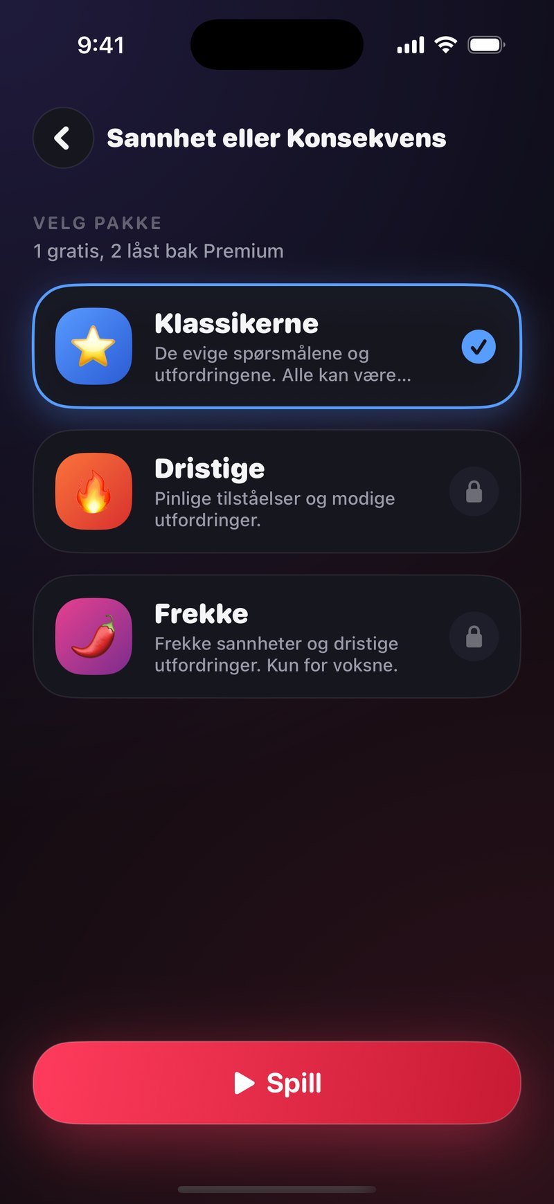 Pakkevelgeren i Sannhet eller Konsekvens med overskriften VELG PAKKE og de tre pakkene Klassikerne, Dristige og Frekke med hver sin beskrivelse, Klassikerne er huket av, og nederst en rød Spill-knapp