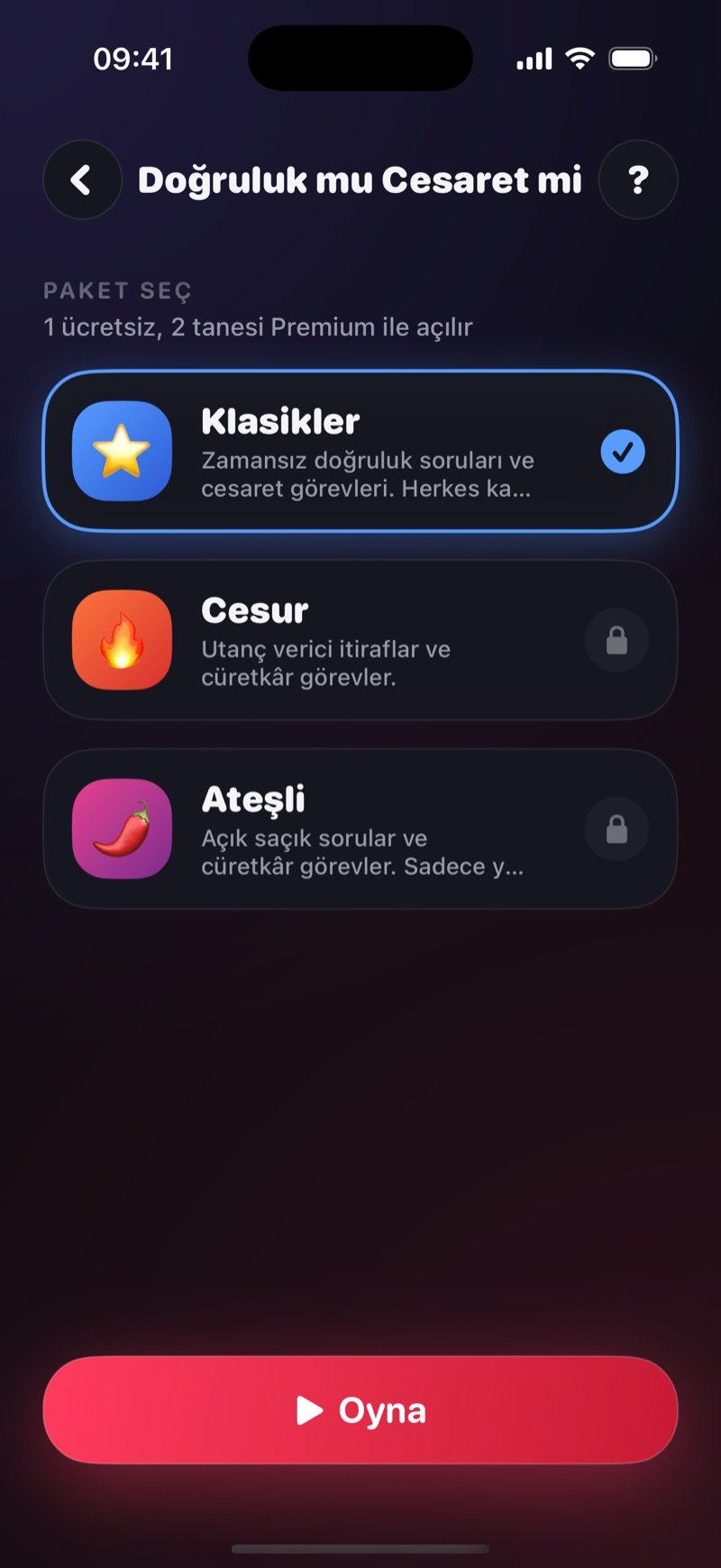 Dronk'ta Doğruluk mu Cesaret mi paket seçimi: Klasikler, Cesur ve Ateşli paketleri ile Oyna düğmesi