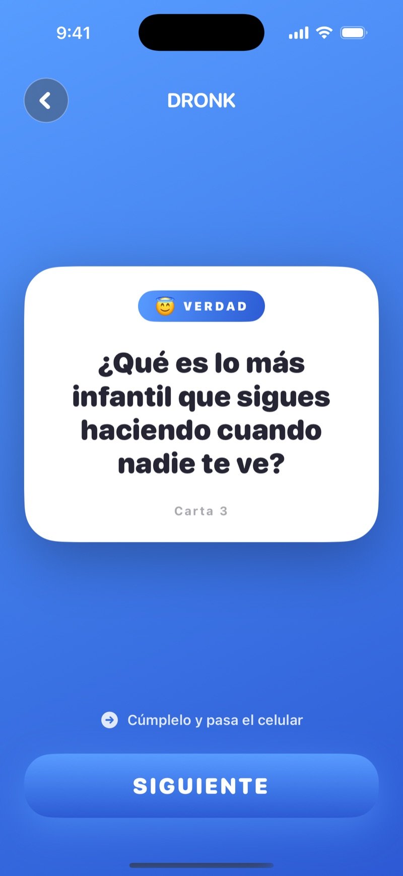 Carta de verdad en Dronk: una pregunta para responder con sinceridad y el botón Siguiente