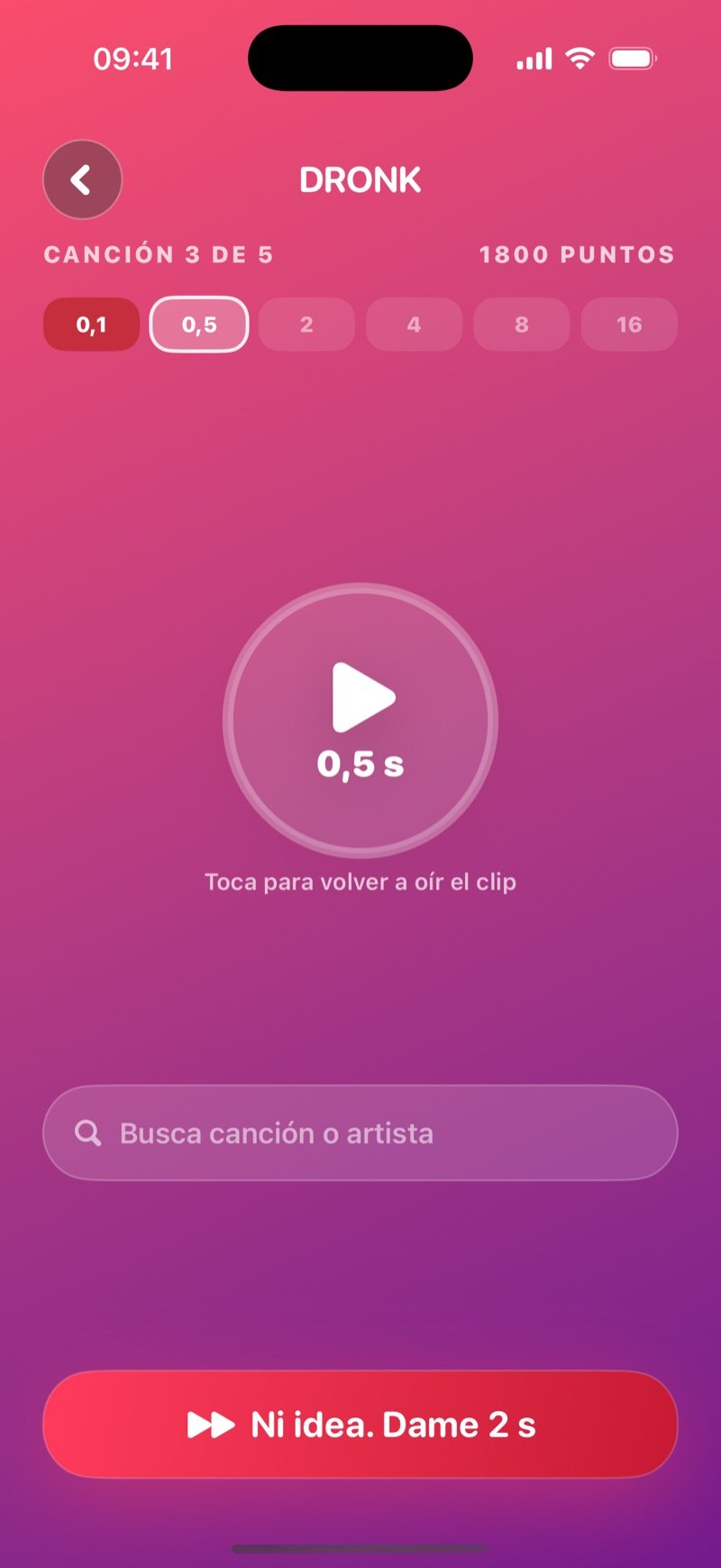 Respondiendo en Un Segundo: canción 3 de 5, un botón de play grande, seis puntos de paso con el primero marcado como fallo y el segundo activo en 0,5 segundos, y un campo de búsqueda por título o artista (captura de la versión en inglés)