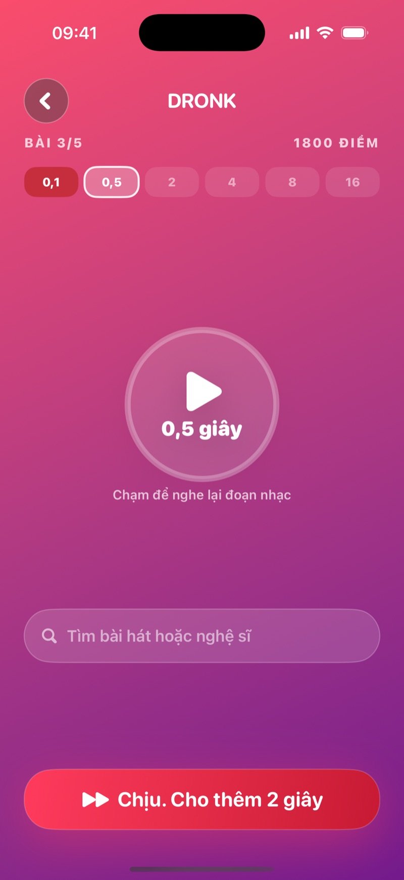 Lúc đoán trong Một giây: bài 3 trên 5, nút phát lớn, sáu chấm đánh dấu các nấc và ô tìm theo tên bài hoặc nghệ sĩ