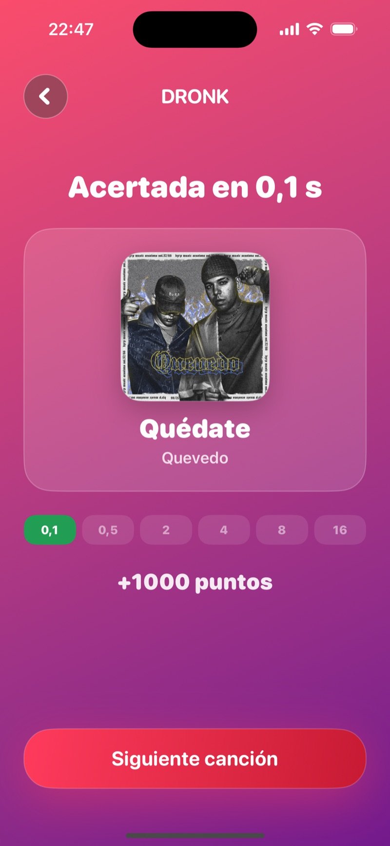 La revelación en Un Segundo: la portada del álbum, el título y el artista, acertada en 0,5 segundos por 800 puntos, y un botón Next song (captura de la versión en inglés)
