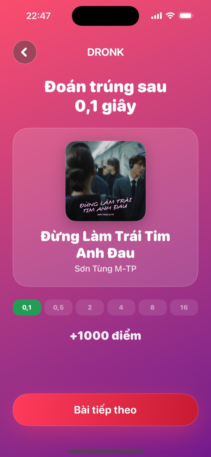 Màn lật đáp án trong Một giây: bìa album, tên bài và nghệ sĩ, giây đoán trúng cùng số điểm, và nút Bài tiếp theo