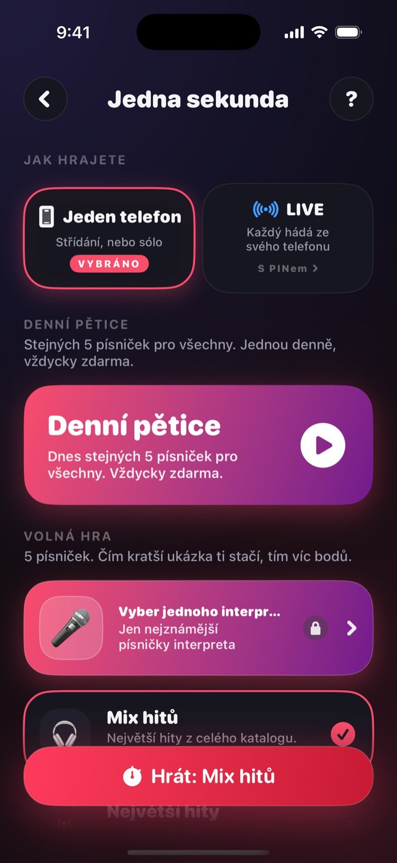 Úvodní obrazovka Jedné sekundy v Dronku: karta Denní pětice nahoře, Volná hra s 5 písničkami, pole pro hledání interpreta a hudební balíčky