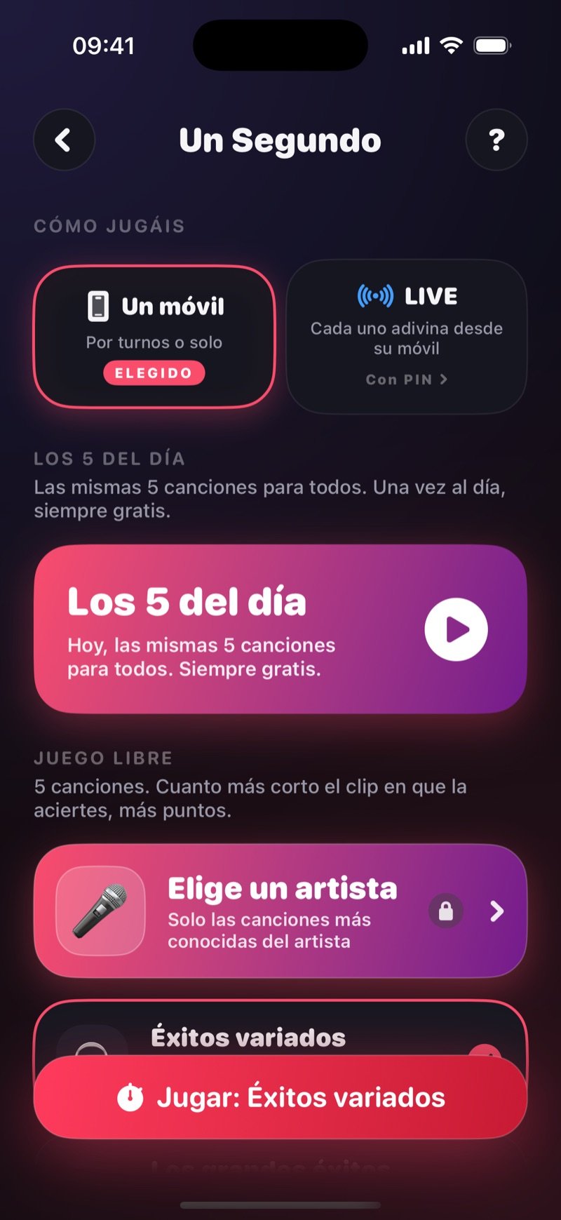 La pantalla de inicio de Un Segundo en Dronk: la tarjeta Daily 5 arriba, Free play con 5 canciones, un campo Search artist y paquetes como Mixed hits y The Biggest Songs (captura de la versión en inglés)
