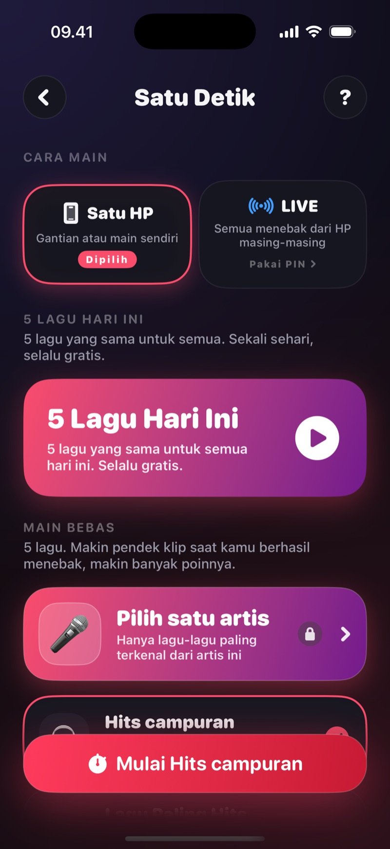 Layar pengaturan Satu Detik di Dronk: kartu 5 Lagu Hari Ini di atas, di bawahnya Main bebas dengan 5 lagu, kolom Cari artis dan daftar paket