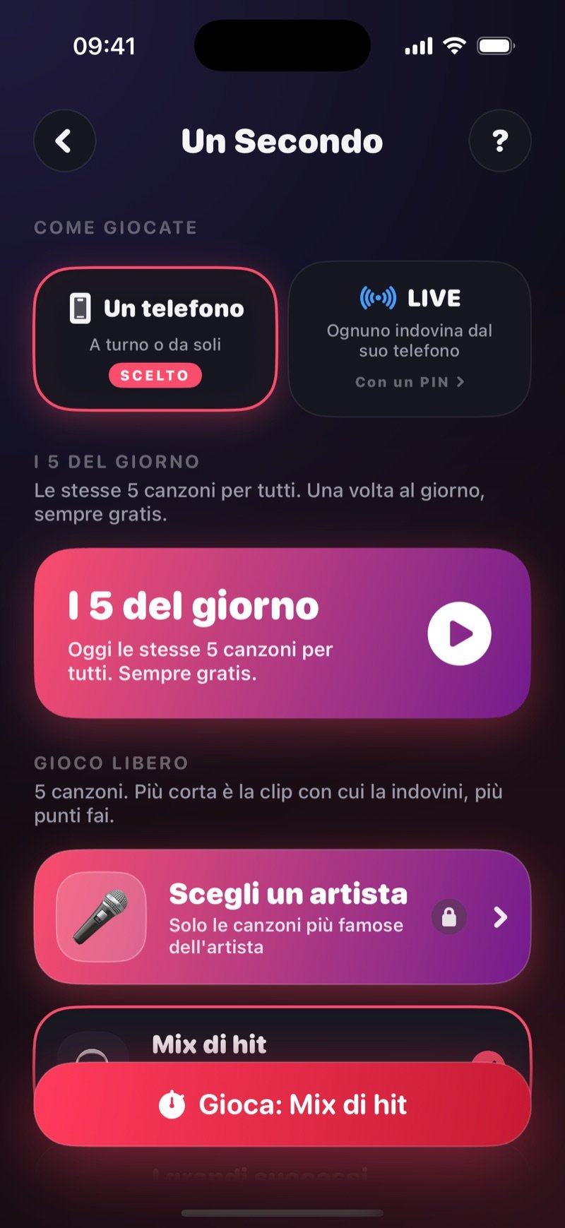 La schermata di avvio di Un Secondo in Dronk: in alto la carta Daily 5, poi Free play con 5 canzoni, il campo Search artist e i pacchetti come Mixed hits e The Biggest Songs (screenshot della versione inglese)