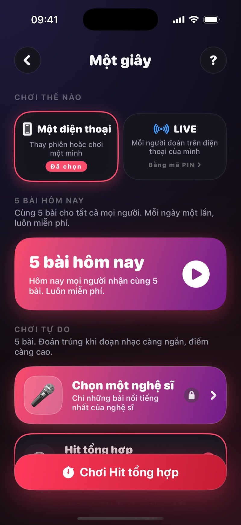 Màn hình thiết lập Một giây trong Dronk: thẻ 5 bài hôm nay ở trên cùng, Chơi tự do với 5 bài, ô tìm nghệ sĩ và các bộ nhạc