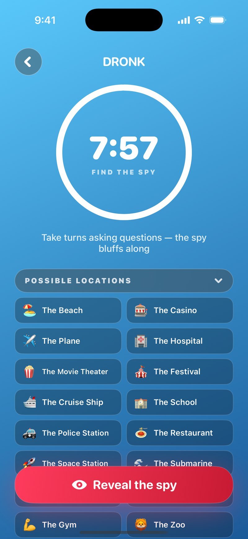 Question round in The Spy: a timer ring at 7:54 labelled Find the spy, the line Take turns asking questions, the spy bluffs along, a Possible Locations grid with The Beach, The Casino, The Plane, The Hospital and more, and a Reveal the spy button