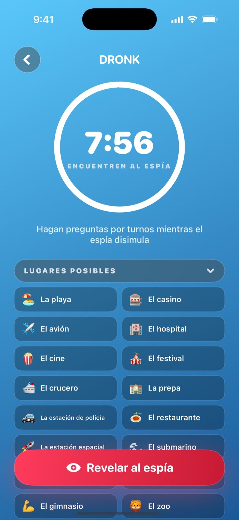 Ronda de preguntas en El Espía: el temporizador corriendo, la lista de lugares posibles del pack y el botón Revelar al espía