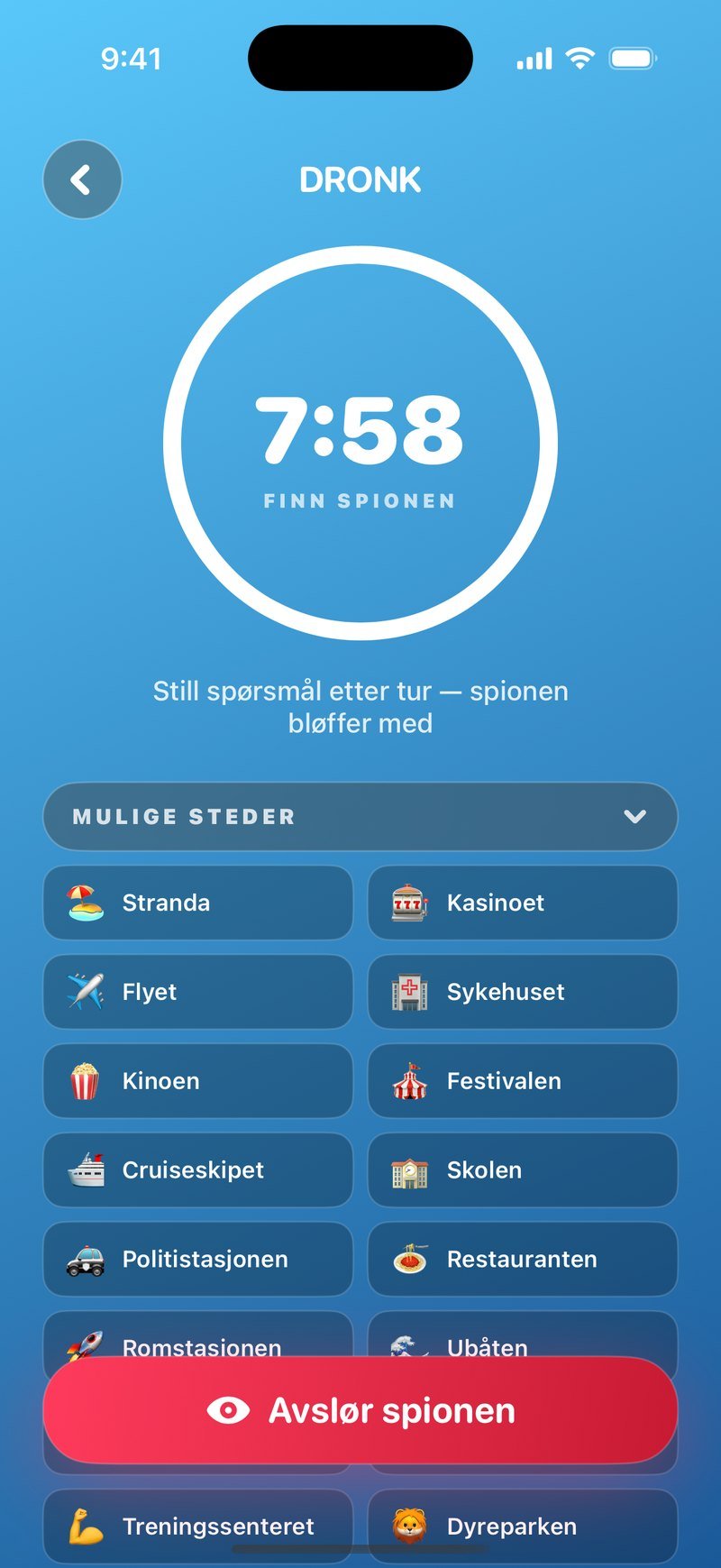 Spionen i Dronk: nedtellingen viser 7:58 mens gjengen stiller spørsmål etter tur, og de mulige stedene står under