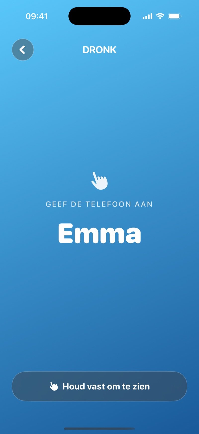 Doorgeefscherm in De Spion op een blauw verloop: Pass the phone to Olivia, met een Hold to reveal-knop en de kaart nog verborgen (screenshot van de Engelse versie)