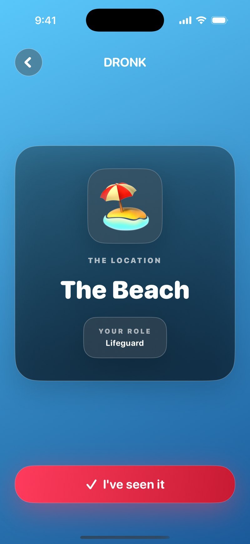 An agent's card in The Spy: The Location, The Beach, Your Role, Lifeguard, on the game's blue background