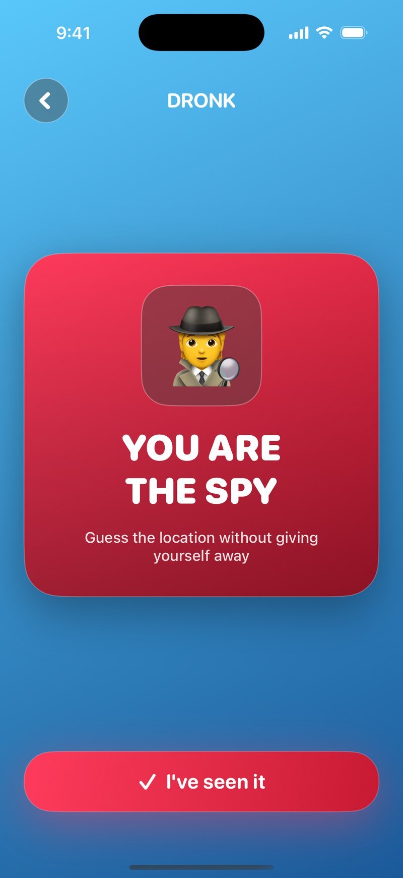 Spy card in The Spy: red card reading You are the spy, guess the location without giving yourself away