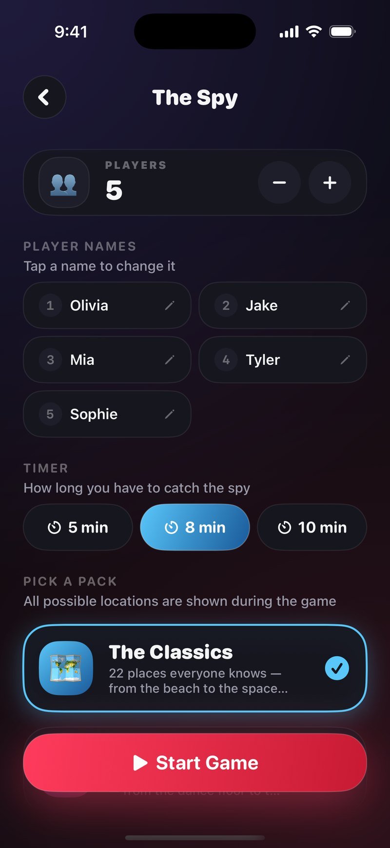 The Spy setup screen in Dronk: 5 players named Olivia, Jake, Mia, Tyler and Sophie, timer options 5, 8 and 10 min with 8 selected, The Classics pack selected, and a Start Game button